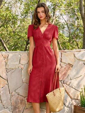 RIHOAS Crimson V-Neck Midi Dress with Covered Buttons